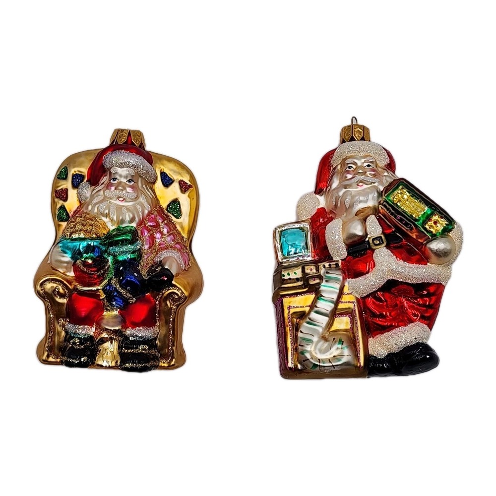 Santa Claus Hand Crafted Glass Christmas Ornaments 2 Hanging Retro Inspired Bold
